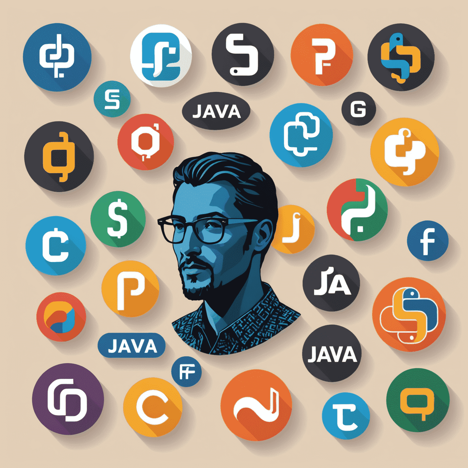 Коллаж из логотипов различных языков программирования: Python, JavaScript, Java, C++. На переднем плане изображен человек, выбирающий между ними.